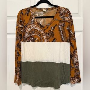 Sew In Love Mustard Paisley Color Block Long Sleeve Top